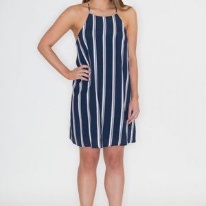 She and Sky silk navy striped shift dress